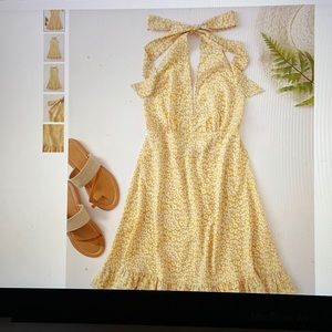 Self tie Halterneck Ruffle Hem Ditsy Floral Dress